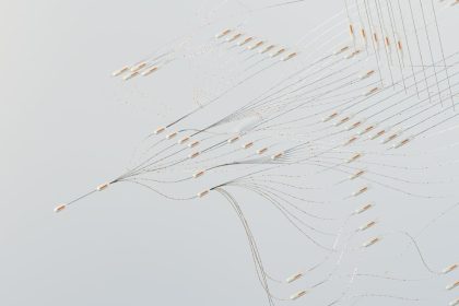 Rede digital abstrata com conexões luminosas que representam o fluxo e o processamento de dados.