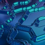 Padrões abstratos em azul e verde-azulado, semelhantes a circuitos digitais, sobre fundo escuro